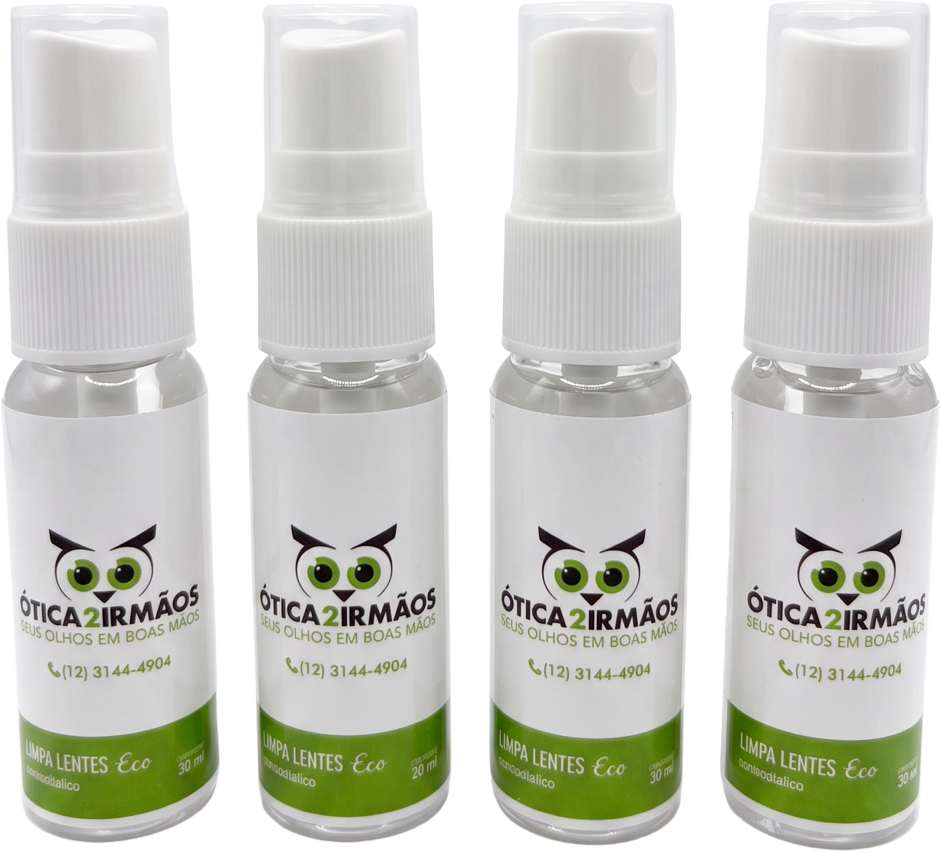 Sprays Limpa Lentes Eco da Ótica 2 Irmãos, frascos de 20 ml com rótulo branco e verde
